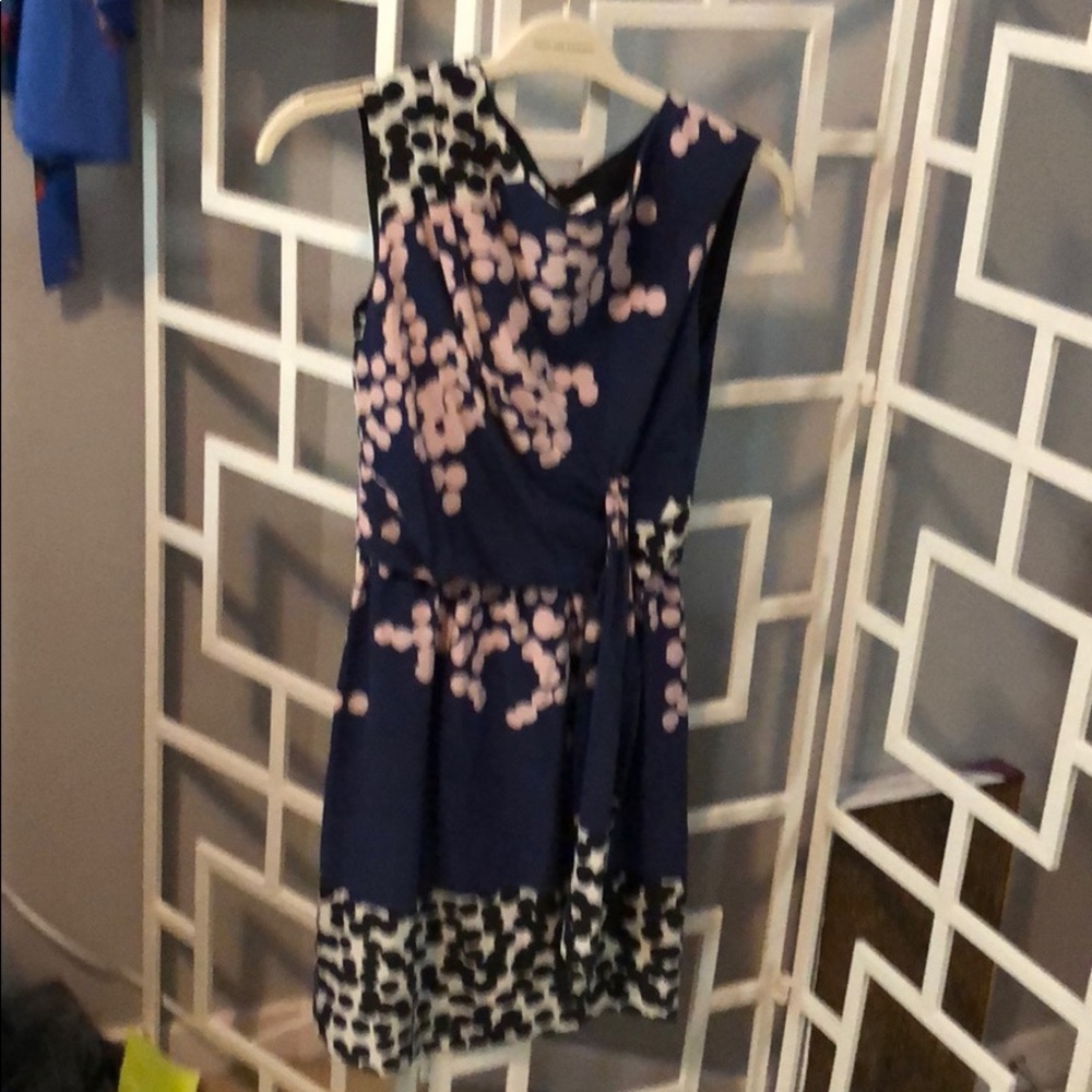 Diane Von Furstenberg Navy Floral Sleeveless Wrap Dress with Pink Accents